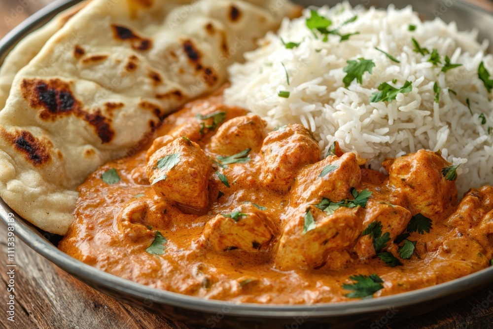 Savoring authentic indian cuisine a generous serving of chicken tikka masala with rice and naan rustic kitchen setting captivating food photography culinary delight Savoring authentic indian cuisine a generous serving of chicken tikka masala with rice and naan rustic kitchen setting captivating food photography culinary delight