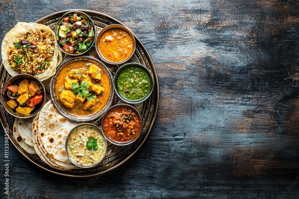 Savoring indian cuisine a vibrant thali platter feast in a rustic setting showcasing diverse flavors and textures for an indulgent culinary experience Savoring indian cuisine a vibrant thali platter feast in a rustic setting showcasing diverse flavors and textures for an indulgent culinary experience