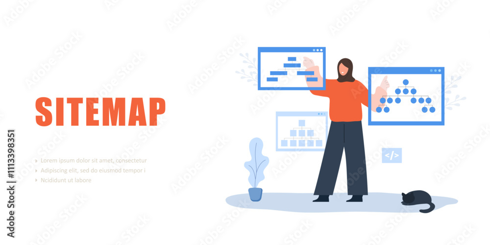 Sitemap concept. Arab Female Developer creation Strategy. Website SEO management. UX designer workflow. Vector illustration. Sitemap concept. Arab Female Developer creation Strategy. Website SEO management. UX designer workflow. Vector illustration.