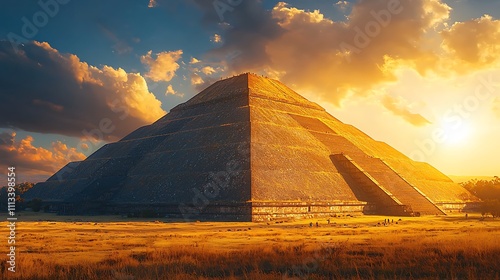 The iconic Pyramid of the Sun in Teotihuacan, Mexico, glowing under bright sunlight, no visitors, and a perfect clear sky  photo