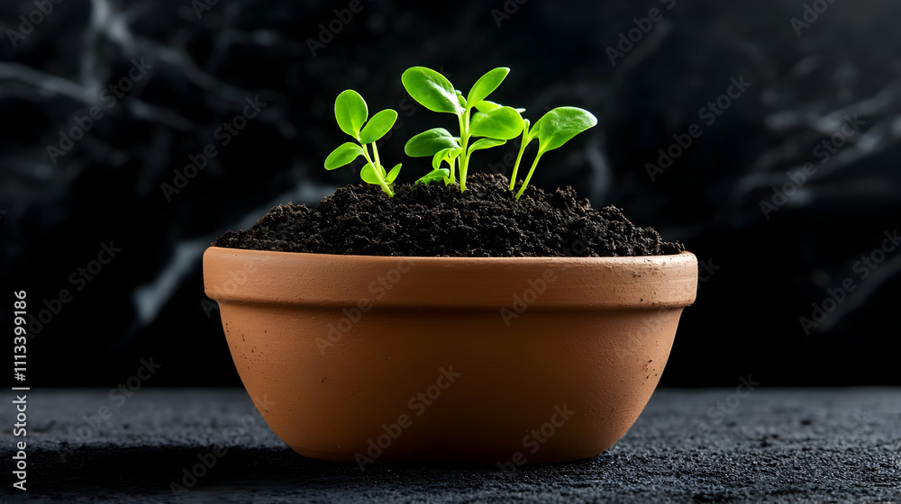 New sprouts emerging from rich soil in pot. New sprouts emerging from rich soil in pot.