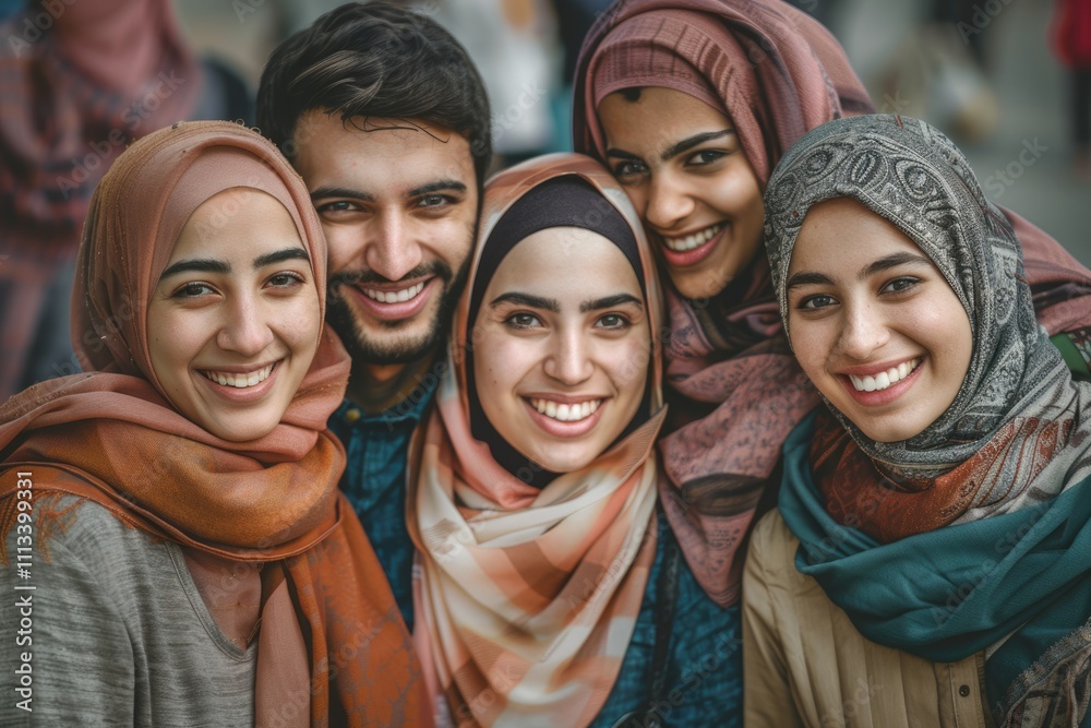 Group of islamic friends embracing and smiling together Group of islamic friends embracing and smiling together