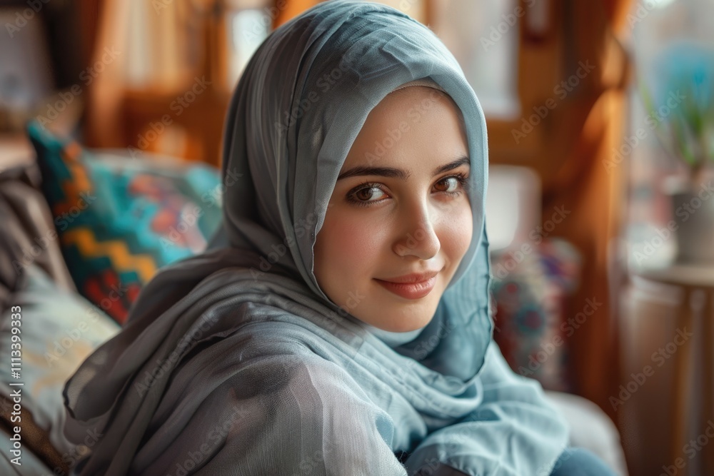 Happy young woman wearing hijab sitting at home Happy young woman wearing hijab sitting at home