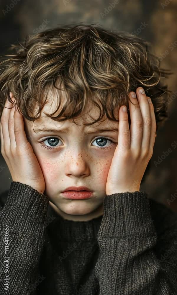 A young boy with curly hair and blue eyes shows a worried expression, holding his face in his hands. A young boy with curly hair and blue eyes shows a worried expression, holding his face in his hands.