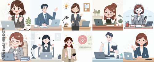 Vector set of a happy secretary with a simple and minimalist flat design style. plain white background