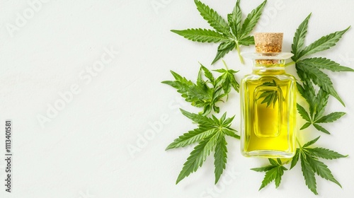 Cannabis Oil in a Glass Bottle with Leaves