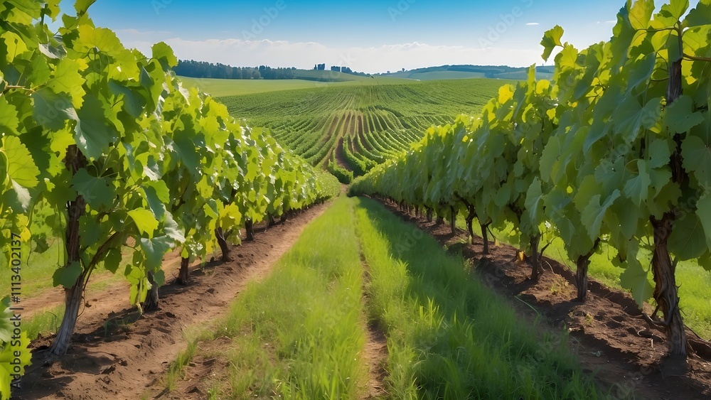 Naklejka premium Rows of vines in a green field for harvesting. ripe fruit to make high-quality wines. Artificial Intelligence