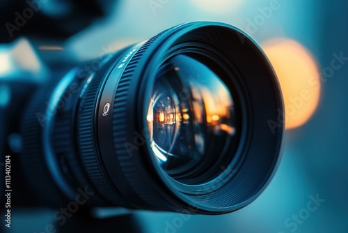 Close-up of a professional camera lens with bokeh background. photo