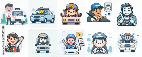 Vector Set of a Happy Driver in a Simple and Minimalist Flat Design Style