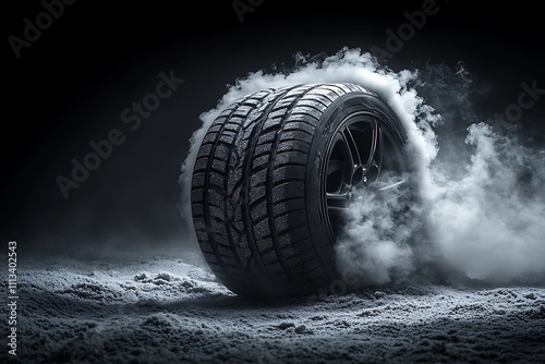 Car tire and smoke on black background
