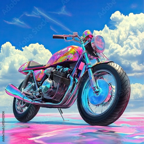 Chromatic motorcycle under a vibrant sky. photo