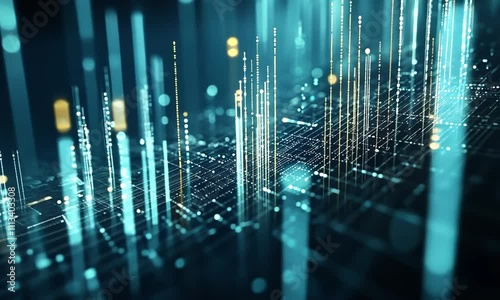 A futuristic digital landscape with glowing data points and lines, representing technology and analytics.