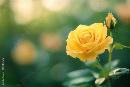 Close-up of a single yellow rose with a bud in soft sunlight.