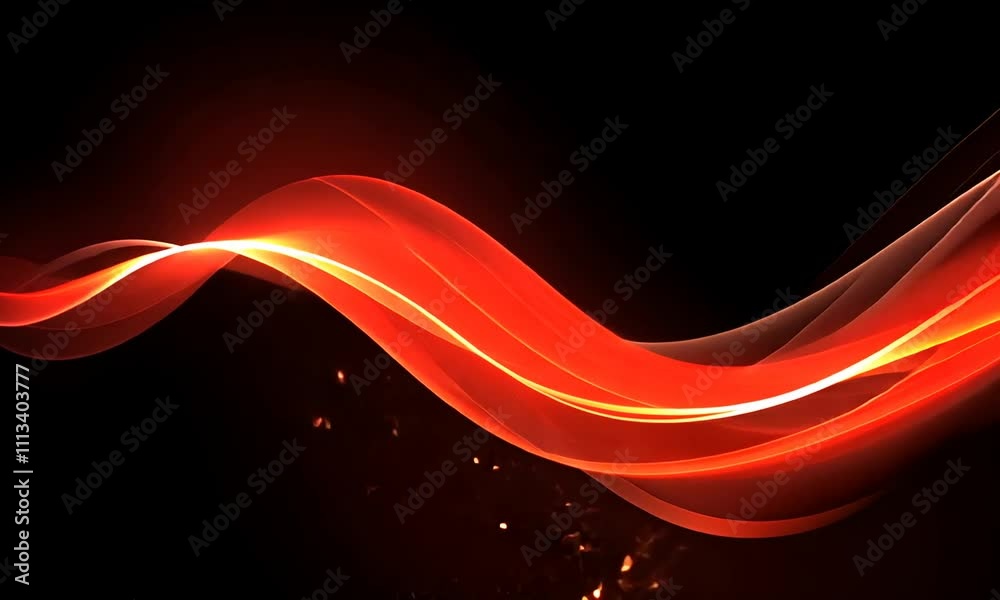 A vibrant abstract design featuring flowing red waves and glowing particles against a black background.