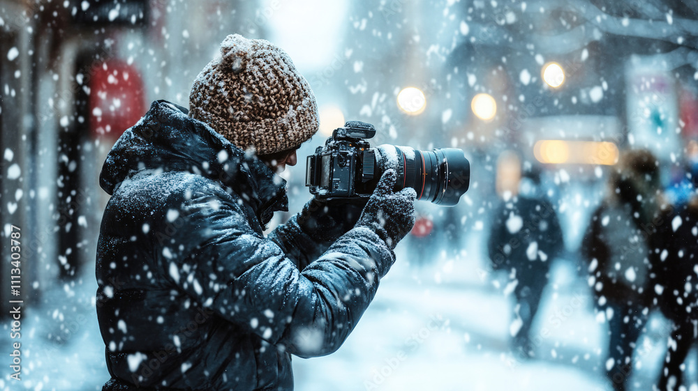 Photographer capturing winter moments in a snowy urban street, wearing a warm jacket and hat, with snowflakes falling and blurred city lights in the background. Photographer capturing winter moments in a snowy urban street, wearing a warm jacket and hat, with snowflakes falling and blurred city lights in the background.