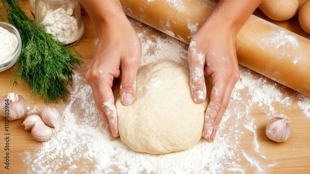 Kneading dough with hands on floured countertop, surrounded by ingredients Kneading dough with hands on floured countertop, surrounded by ingredients