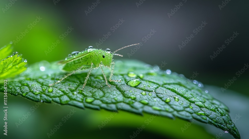 Close-Up of Green Insect with Water Droplets on Leaf Close-Up of Green Insect with Water Droplets on Leaf