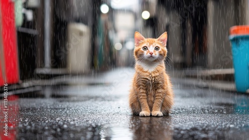 Fototapeta Naklejka Na Ścianę i Meble -  Cat in the rain on a city street