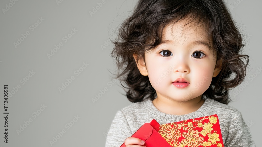 Chinese new year festival and symbolism, A cute child with curly hair holds a decorative red envelope, showcasing innocence and joy against a neutral background. Chinese new year festival and symbolism, A cute child with curly hair holds a decorative red envelope, showcasing innocence and joy against a neutral background.