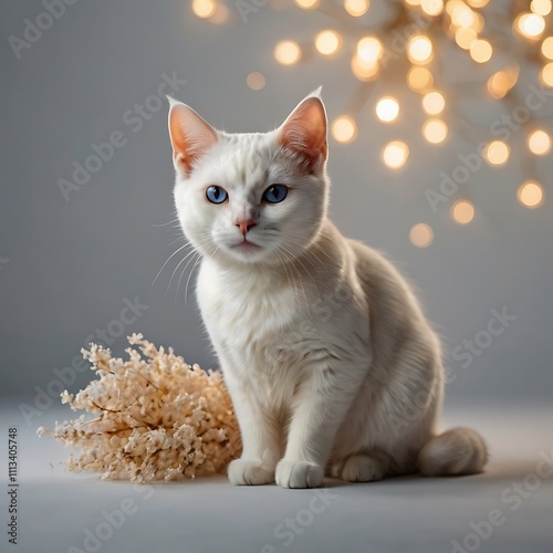 White Kitten Poses Elegantly Near Dried Flowers And Lights