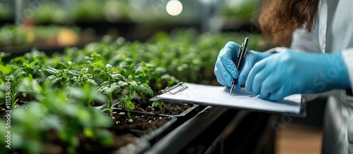 A scientist in a lab coat and blue gloves is writing on a clipboard in front of a tray of seedlings.