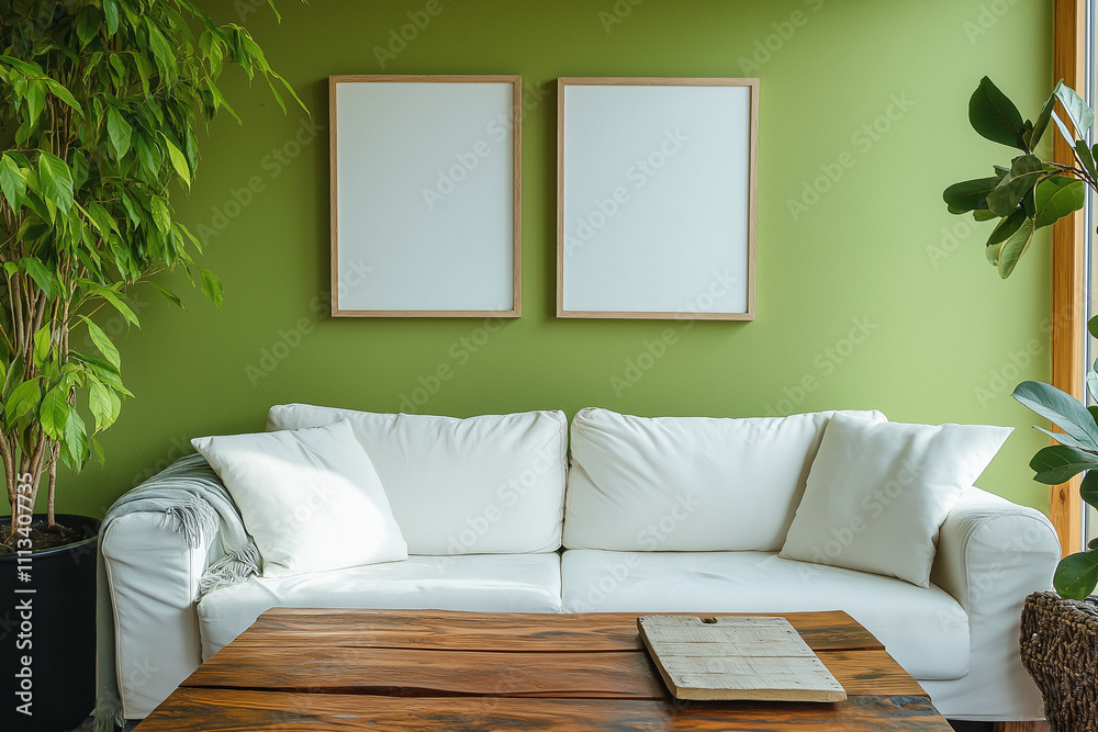 Rustic coffee table near sofa against green wall Rustic coffee table near sofa against green wall