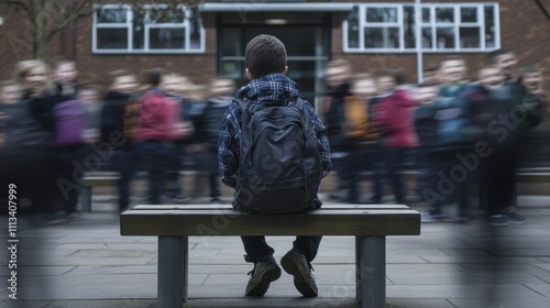 Lonely School Boy on Bench, Blurred Students Passing By
