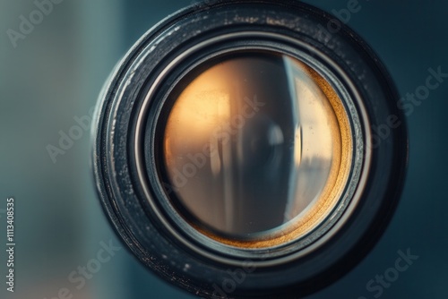 Close-up of a vintage camera lens with a warm light reflection. photo