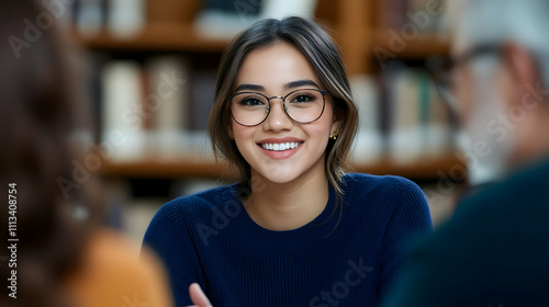 Cheerful Indian student woman talking to male professor in college library, 