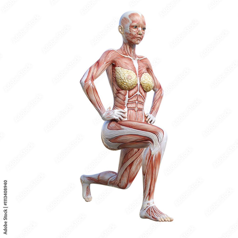 ストレッチをする筋肉の女性人体模型の3Dイラスト 全身斜め右向き 横向き