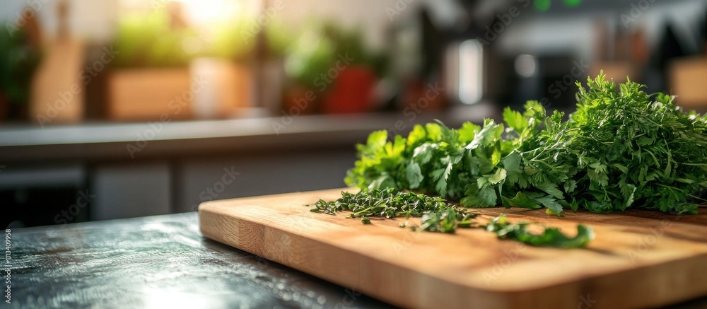 Fresh herbs on a wooden cutting board in a kitchen with sunlight. Fresh herbs on a wooden cutting board in a kitchen with sunlight.
