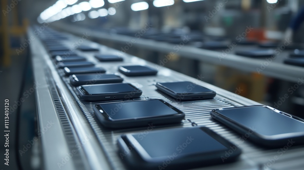 Fototapeta premium Assembly line of smartphones on conveyor belt. Shows mass production and efficiency in manufacturing.