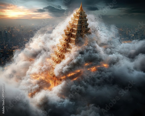 Experience the Enchantment of a Majestic Thai Temple Floating Above the Clouds Stunning Landscape Photography photo