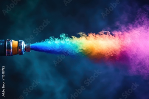 Rainbow colored smoke streams from a spray can. Perfect for designs related to creativity, art, or imagination. photo