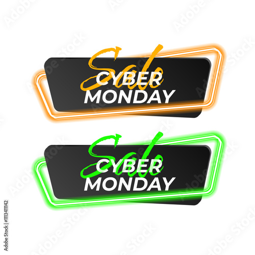 Set of Cyber Monday on geometric neon vector banners. Glossy neon material style. Black Friday Sale labels photo