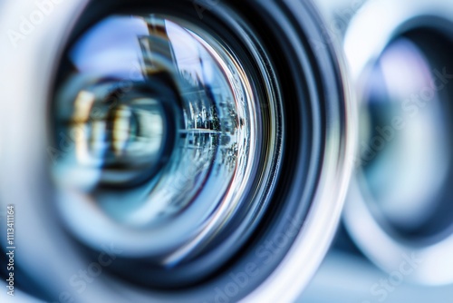 Close-up of camera lens reflecting cityscape. (2)