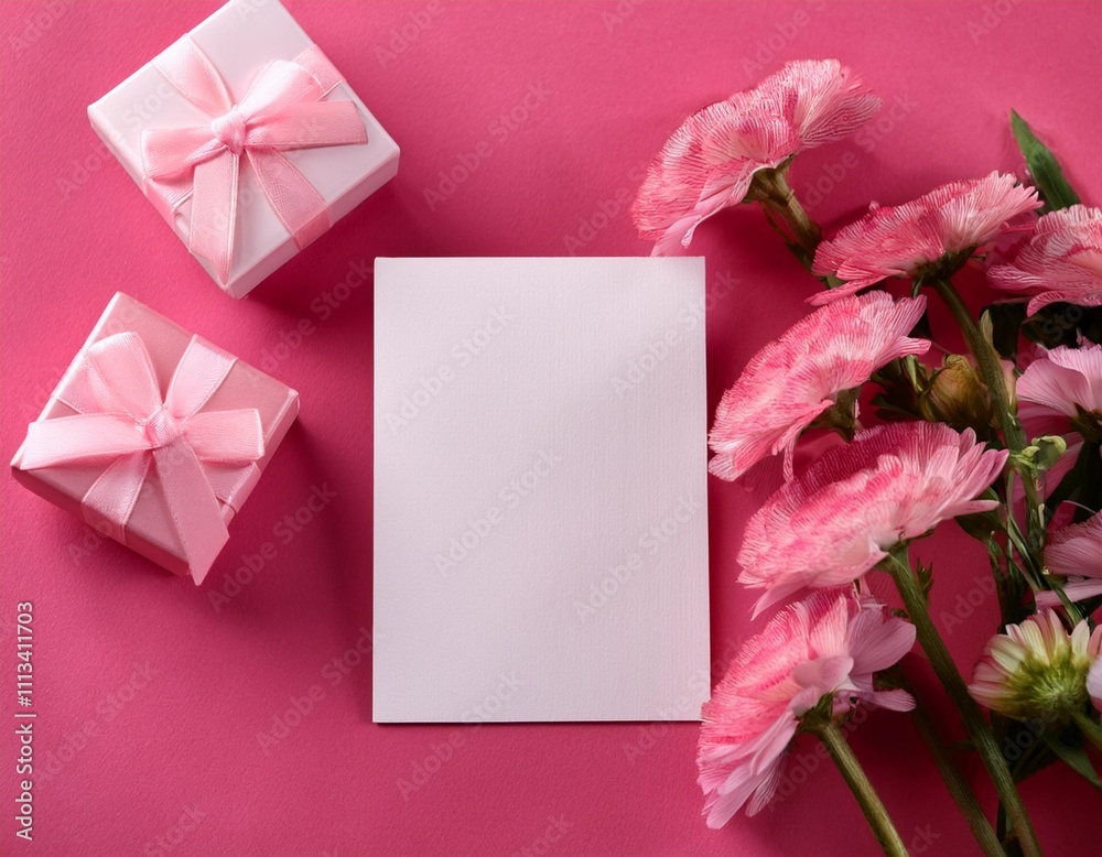 Fototapeta premium A delicate and elegant arrangement of pink and white flowers, a gold gift box, and a blank card and envelope
