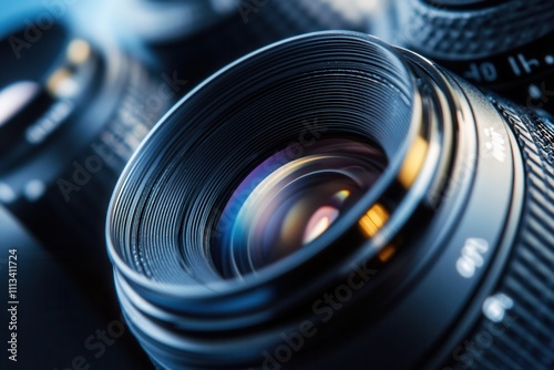 Close-up of camera lens, showcasing intricate details and shallow depth of field. photo