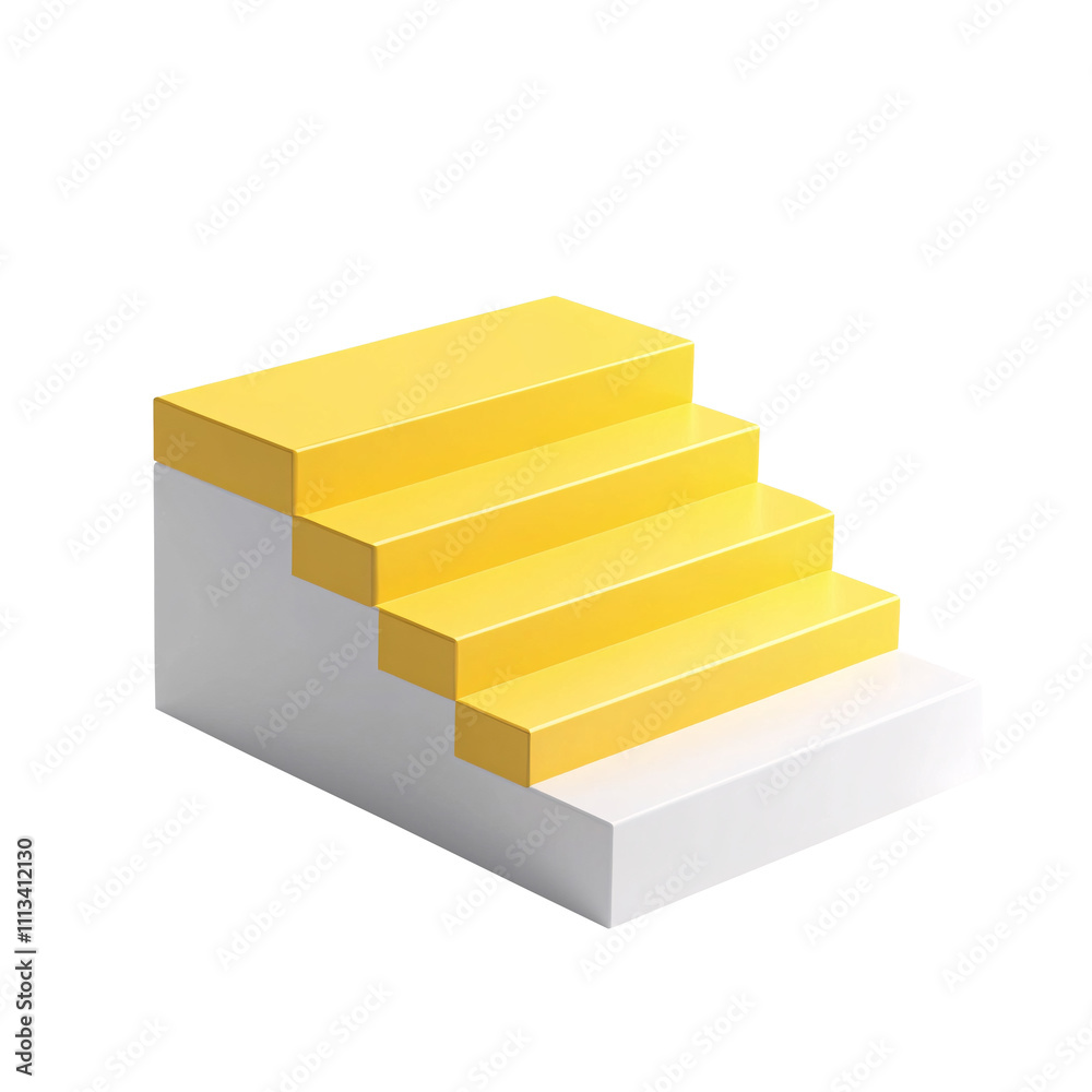 A 3D illustration featuring yellow steps on a white block on white and transparent background. A 3D illustration featuring yellow steps on a white block on white and transparent background.