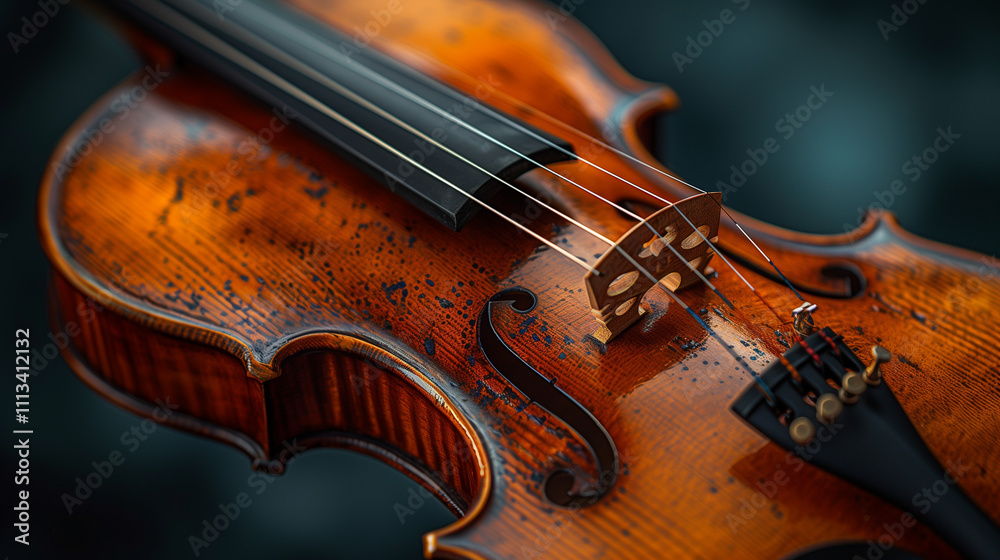 Fototapeta premium Close-up of Violin Strings and Bridge with Elegant Wood Grain