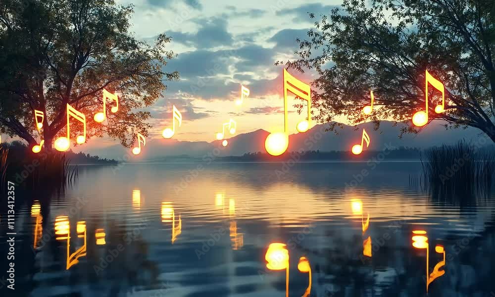 Tranquil Lake at Dusk with Musical Notes Flowing Through the Air, Reflecting a Serene Atmosphere and Nature's Beauty in a Dreamlike Setting with ai generated. Tranquil Lake at Dusk with Musical Notes Flowing Through the Air, Reflecting a Serene Atmosphere and Nature's Beauty in a Dreamlike Setting with ai generated.