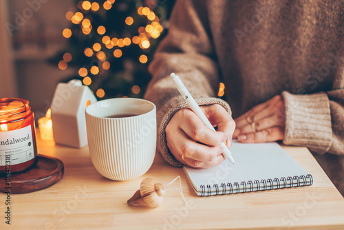 Cozy winter still life. Women writing goals and plans in notebook, drinking a mug with tea or coffee, burning candle. Seasonal holidays and hygge concept