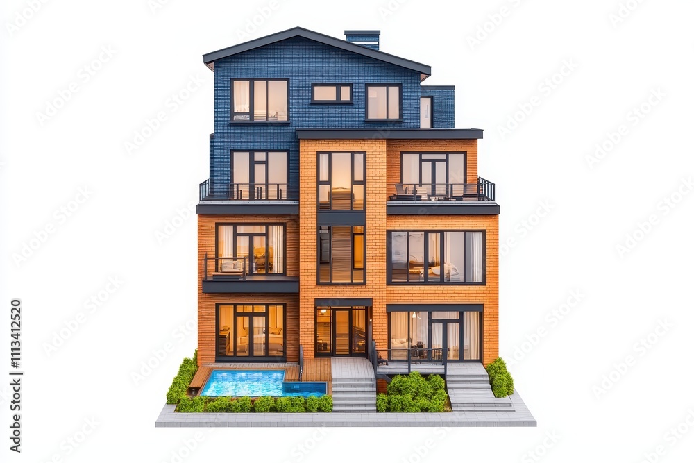 Modern Stylish House with Pool and Open Windows at Sunset Modern Stylish House with Pool and Open Windows at Sunset