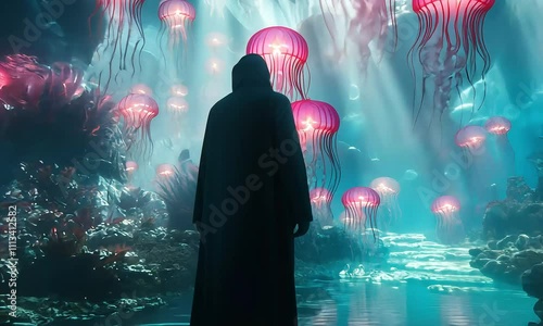 Ethereal Underwater Scene with Glowing Jellyfish and Mysterious Figure Surrounded by Lush Marine Life, Creating a Dreamlike Atmosphere in a Colorful Environment with ai generated.