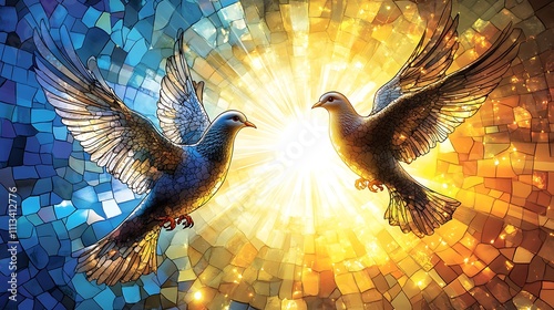 Two doves in stained glass style, facing each other, surrounded by light.
