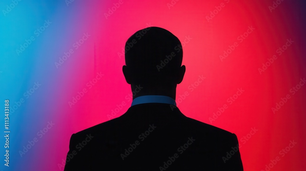 A silhouette of a man in a suit stands against a vibrant, colorful background, creating a striking contrast with blue and red tones. A silhouette of a man in a suit stands against a vibrant, colorful background, creating a striking contrast with blue and red tones.