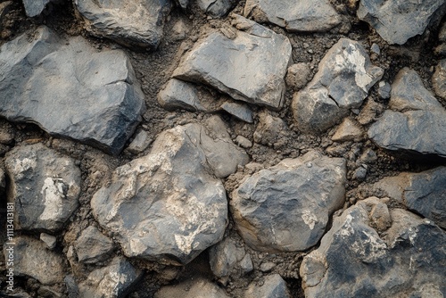 Close-up of dark gray stones embedded in dark brown soil. photo