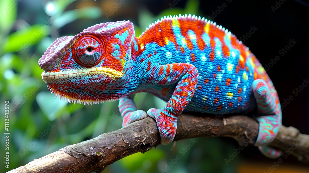 Obraz premium Vibrant Close-Up Portrait of a Colorful Chameleon on Tree Branch in Its Natural Habitat