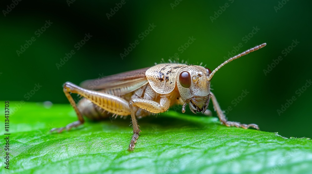 Close-up of grasshopper perched on green leaf with blurred background Close-up of grasshopper perched on green leaf with blurred background
