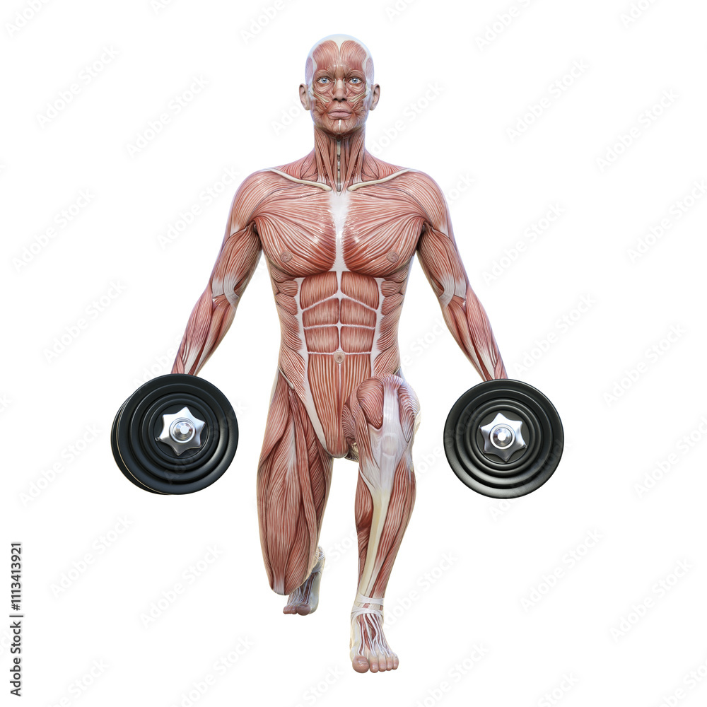 ダンベルでスプリットスクワットをする筋肉の男性人体模型の3Dイラスト 全身正面 前向き